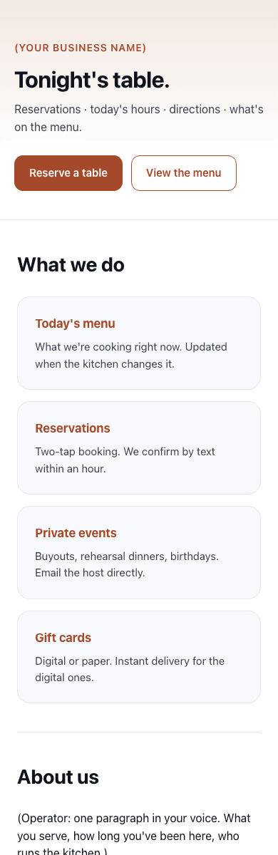 Mobile preview of the included restaurant website starter