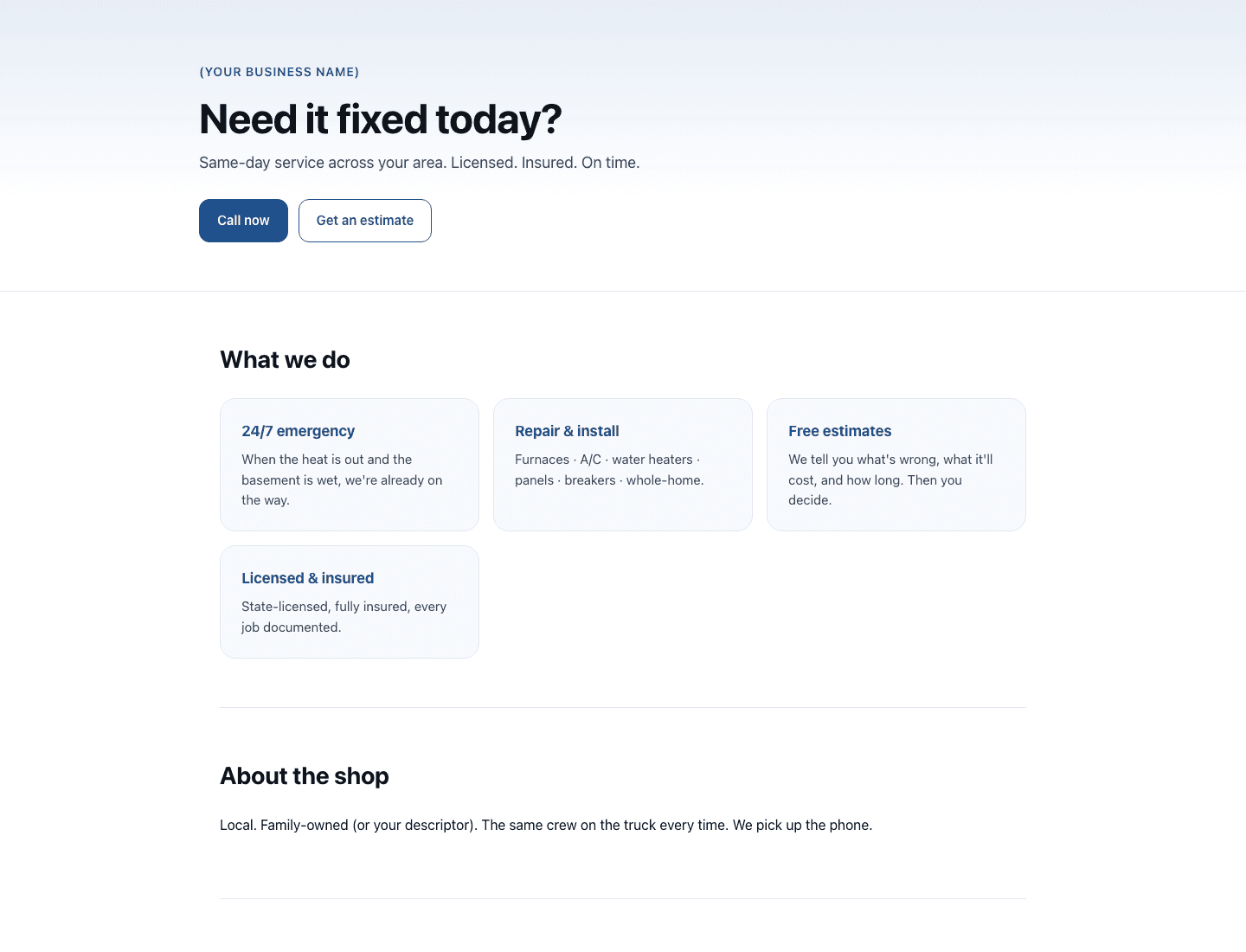 Desktop preview of the included trades website starter